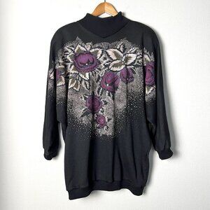 Vintage Whimsigoth Oversized Sweatshirt With Flowers And Rhinestones Size Large